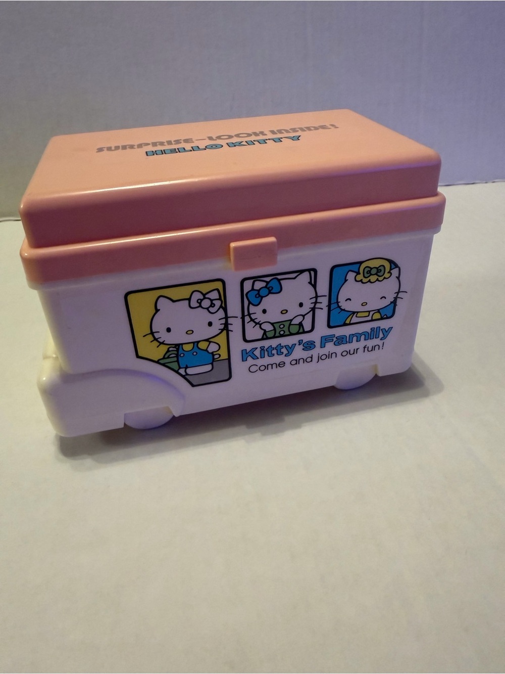 Sanrio Vintage 1976 Hello Kitty Pink Plastic Toy Box Case - Kitty's Family Bus